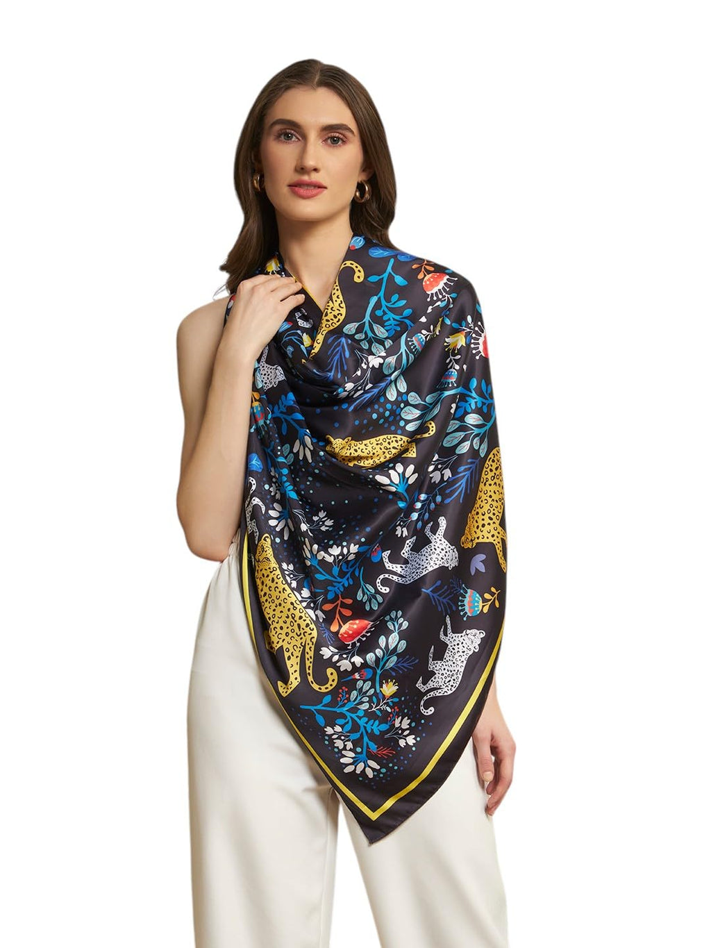 Ravaiyaa - Attitude is everything Women Silk Digital Print Large Square Scarf Breathable Lightweight Neckerchief Printed Headscarf 40 x 40 Inch (Black & Blue Jaguar)