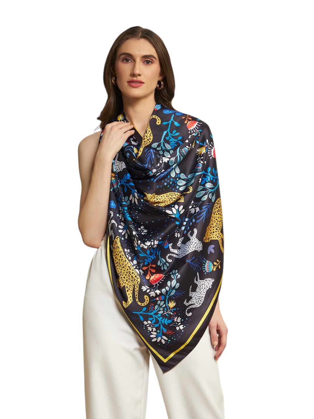 Ravaiyaa - Attitude is everything Women Silk Digital Print Large Square Scarf Breathable Lightweight Neckerchief Printed Headscarf 40 x 40 Inch (Black & Blue Jaguar)