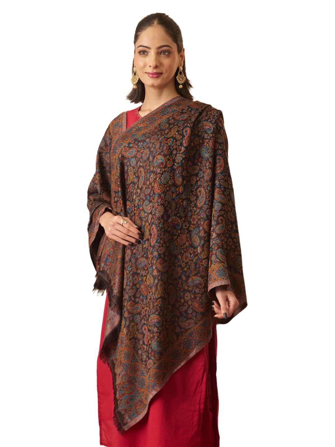 Pashmoda Women Chandni Kaani Stole, Authentic Kashmiri Luxury Pashmina Style Shawl, Stole, (Size 28x80 Inches, Black Color) MAVST07