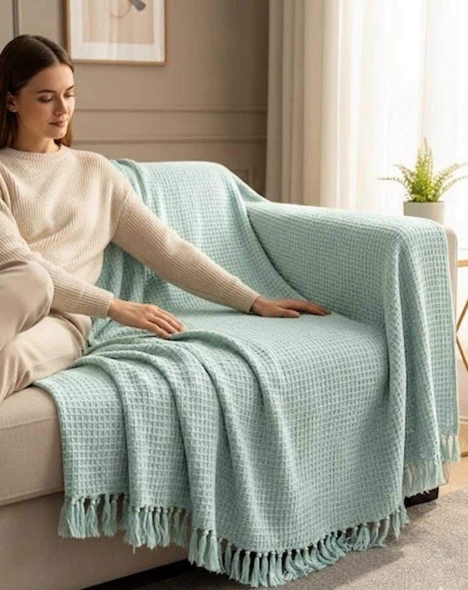 HAKAM Cotton Handloom Waffle Slub Throw Blanket for Sofa & Bed | Soft Lightweight Mint Green Decorative Throw with Tassels | All-Season Cosy Couch & Bed Throw (125×150 cm) Kafalo