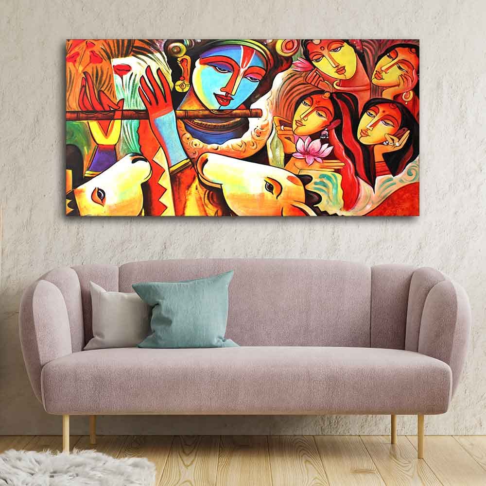 VIBECRAFTS Canvas Paintings for Living Room Drawing Room Radha Krishna Decorative Pattern Canvas Big Wall Painting Wall Art Fitted with Wooden Frame for Home|Office|Gift(PTVCH_2246)
