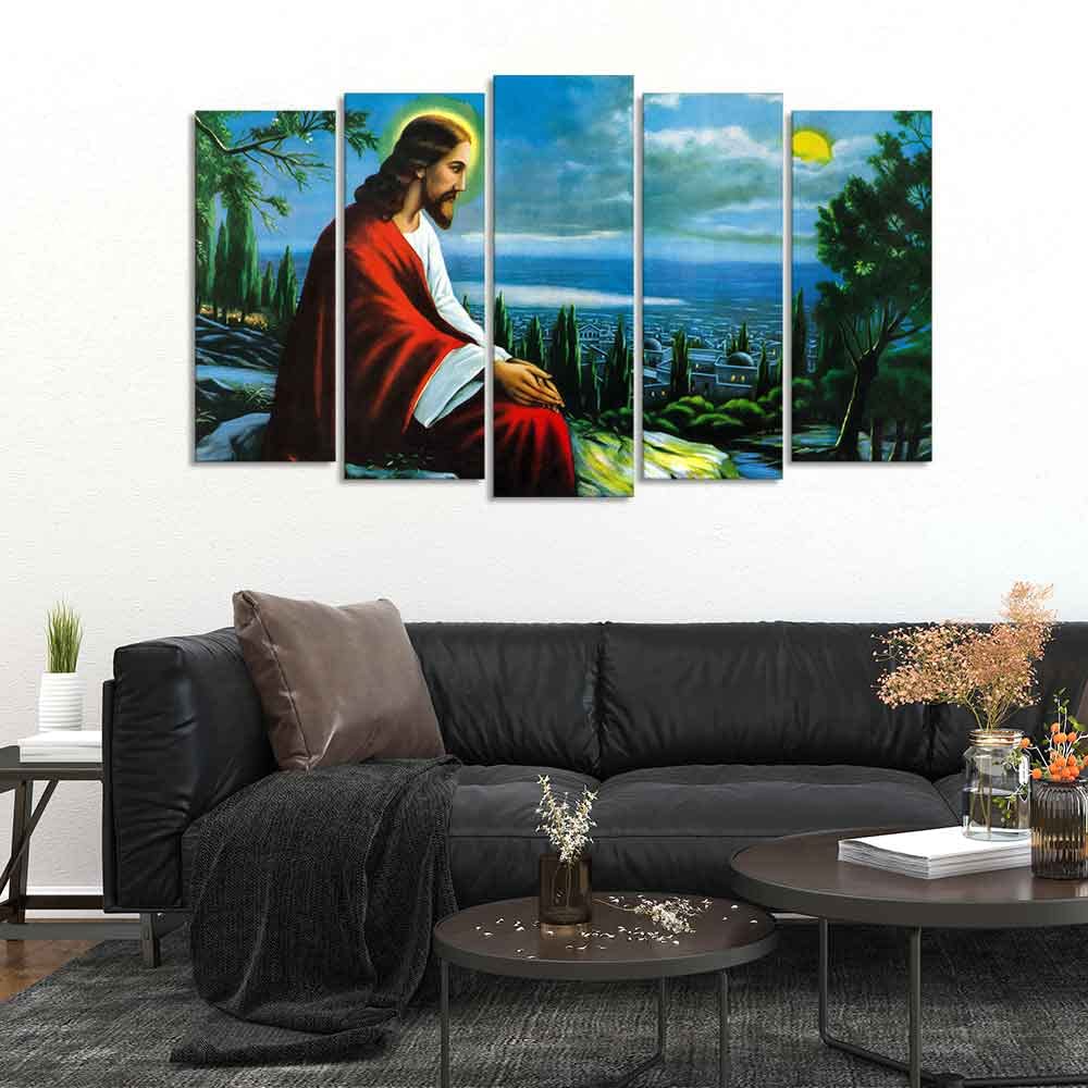 VIBECRAFTS Premium Wall Painting of Jesus Christ in Jerusalem Set of Five Pieces For Home|Office|Living Room|Gift (PTVC5Pcs2_6601)