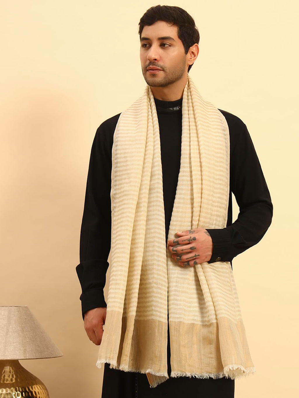 Pashmoda Men Golden Eclipse Reversible Zari Moonlight Fine Wool Stole (Size-28x80in, 71x203cm) MZSST03