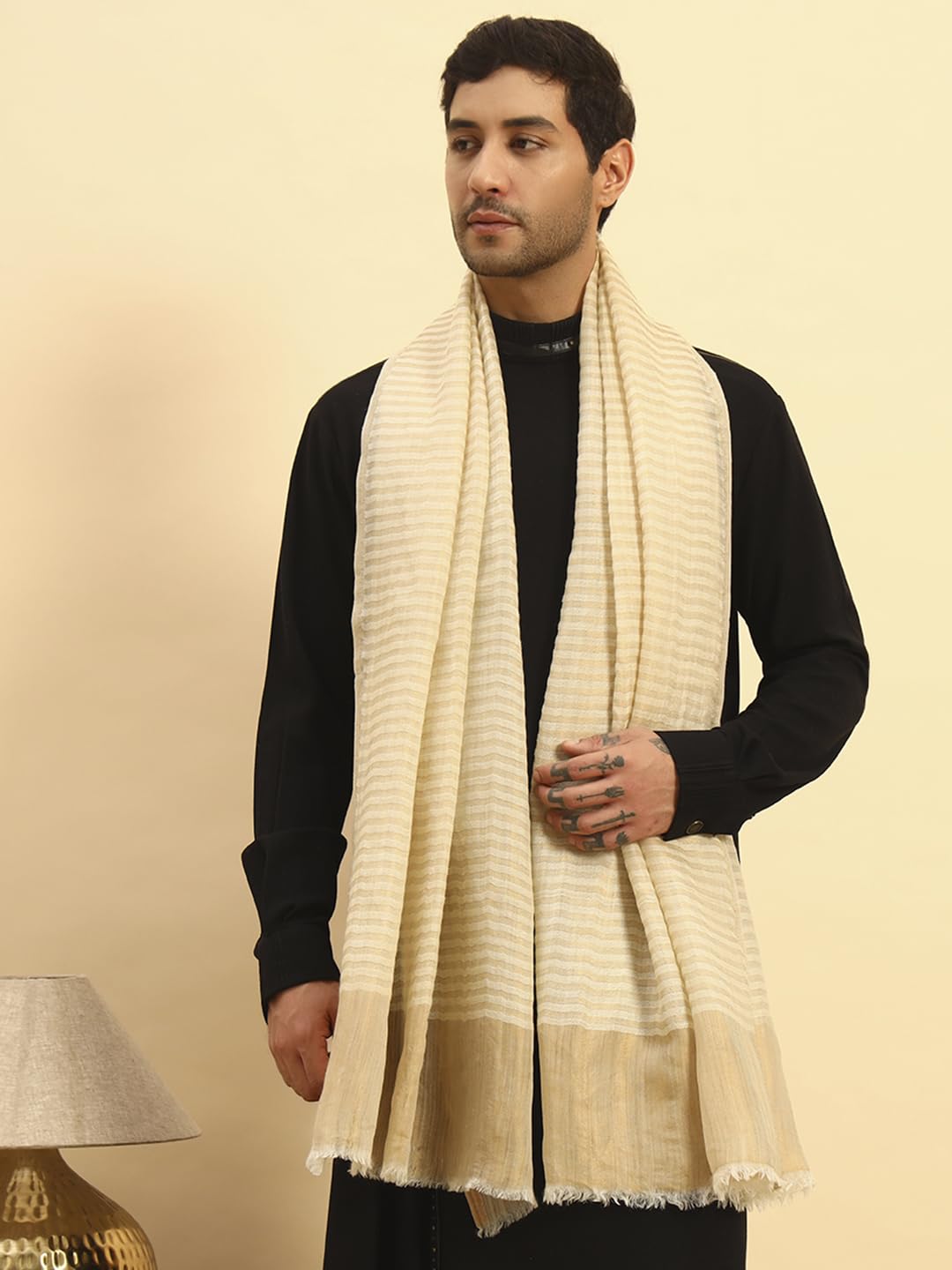 Pashmoda Men Golden Eclipse Reversible Zari Moonlight Fine Wool Stole (Size-28x80in, 71x203cm) MZSST03