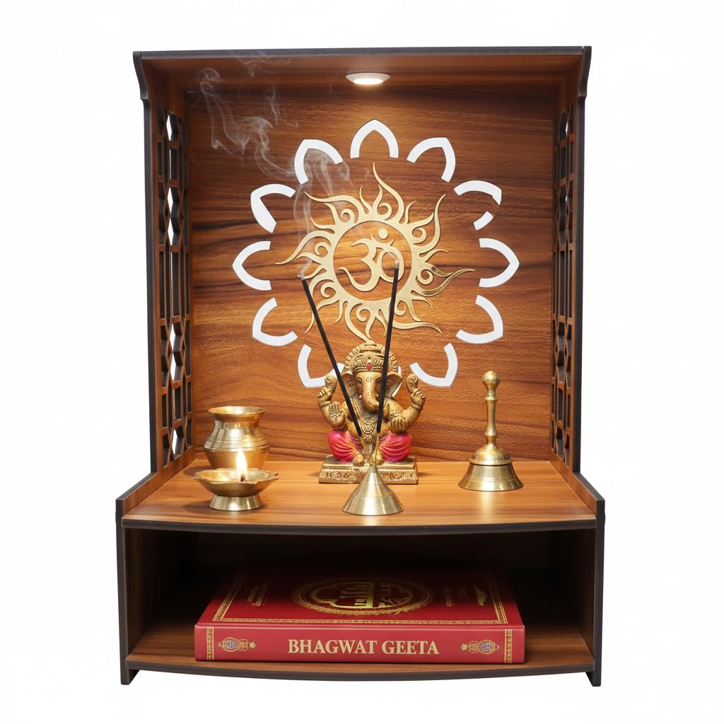 Royal Walnut Finish Wooden Pooja Mandir | Wall Mounted Home Temple with LED Lights & Spacious Storage | Premium Handcrafted Puja Unit (37.5 * 29 * 25 CM) (Large) A5