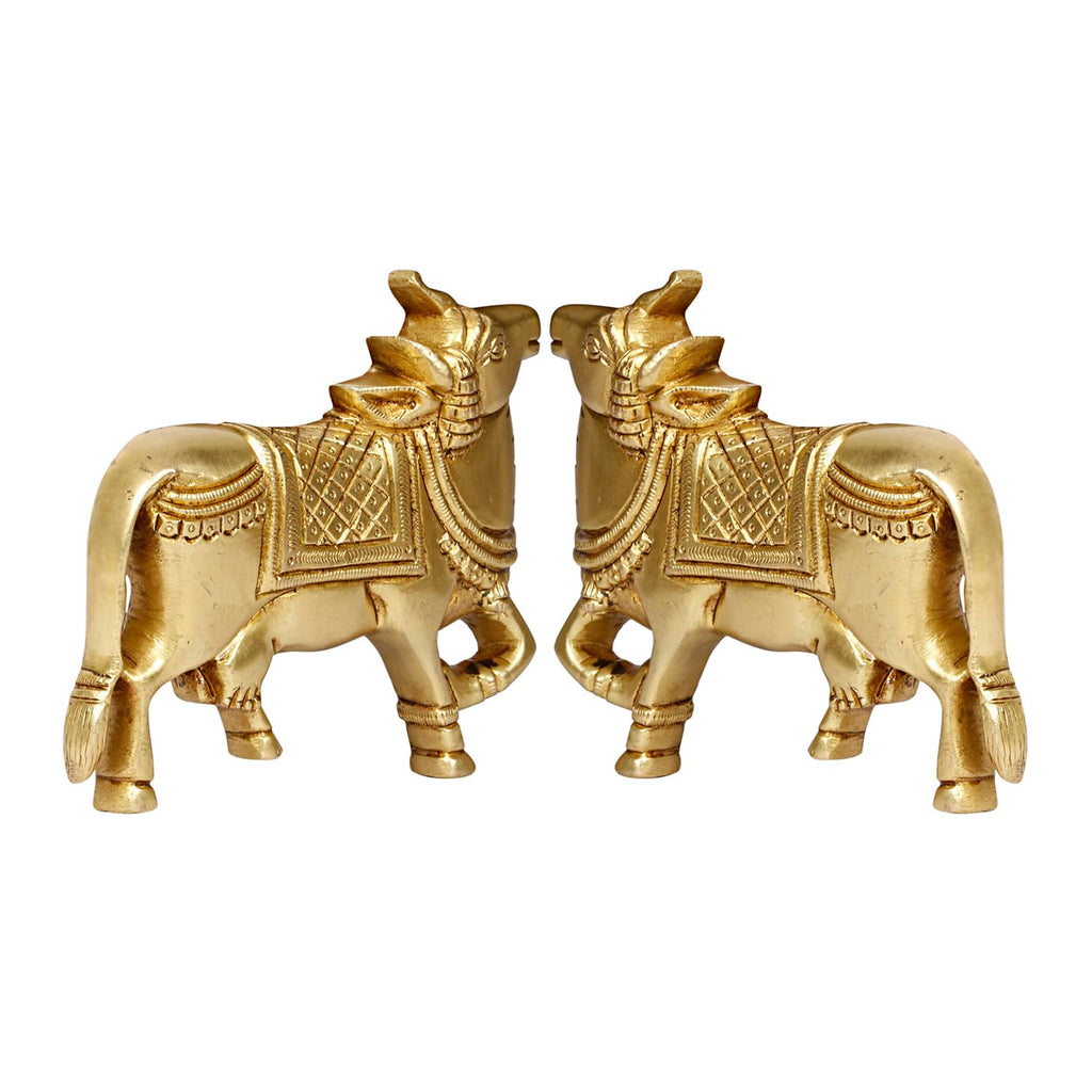 SVARUP Brass Cow Wall Hanging Vastu Gau MATA Idol, Kamdhenu Cow Pair Nandi (Gold Color 5x4 Inch)