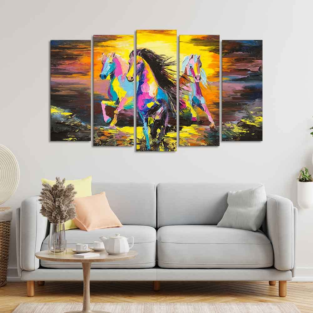 VIBECRAFTS Three Running Horses Abstract Art Five Pieces Canvas Wall Painting For Home|Office|Living Room|Gift (PTVC5Pcs2_6520)