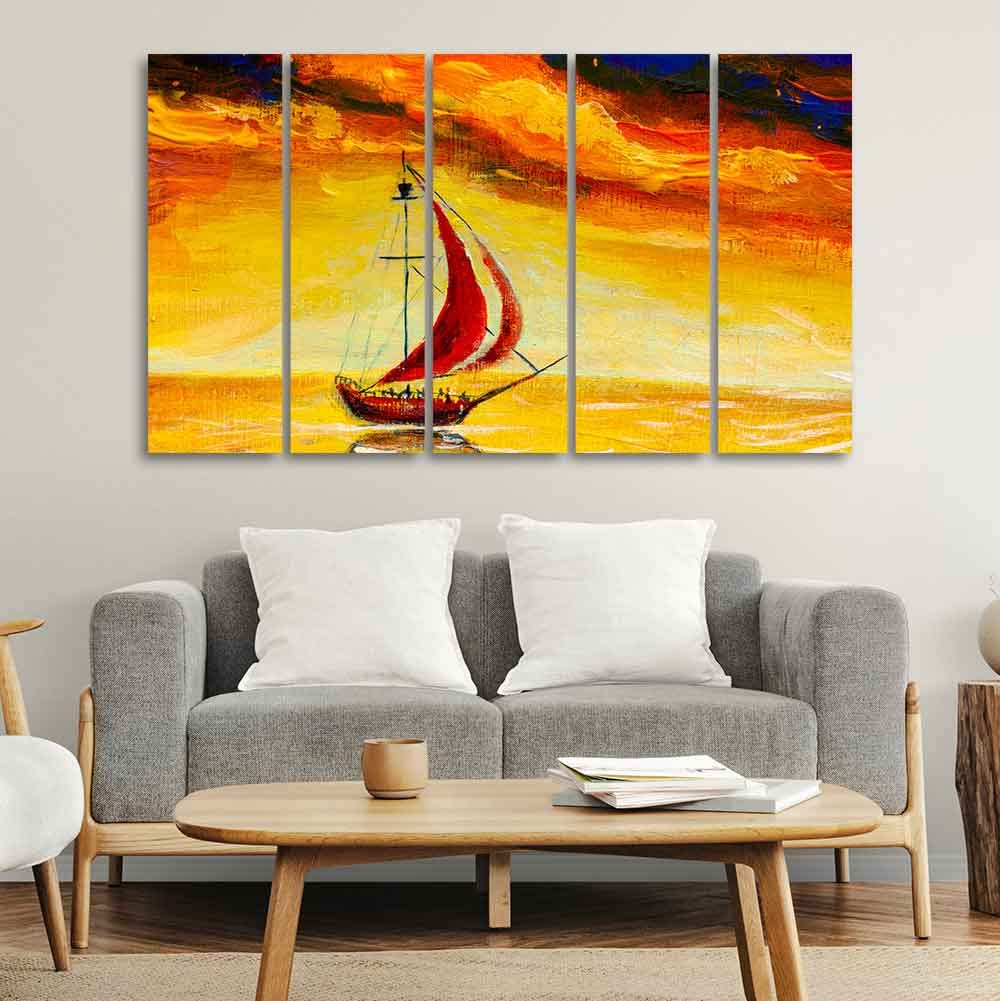 VIBECRAFTS Sailing Ship with Red Sails Five Pieces Wall Painting For Home|Office|Living Room|Gift (PTVC5Pcs4_8653)