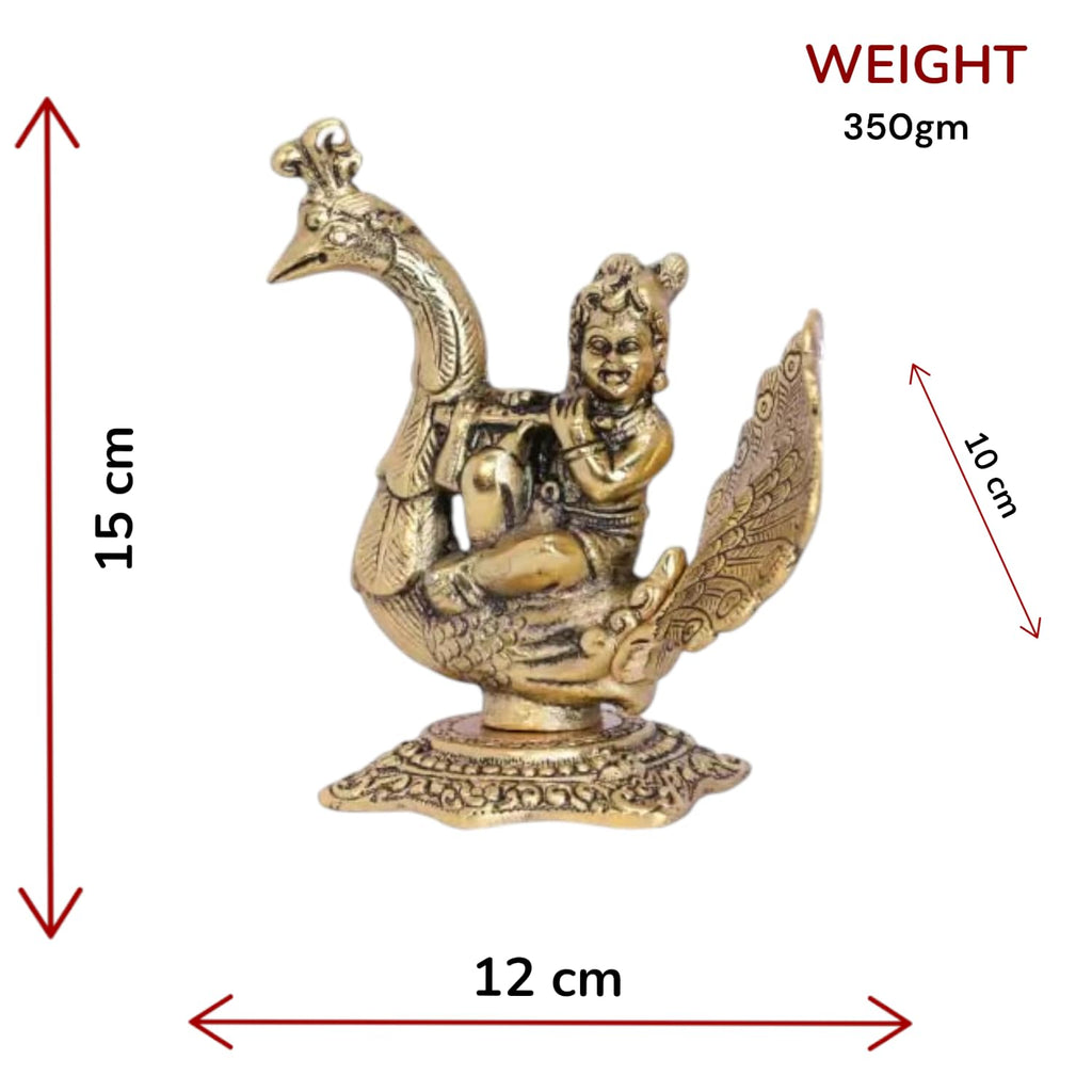 KridayKraft Lord Krishna Sitting on Peacock Metal Statue Krishna Idol Playing Flute Decorative Showpiece - 15 cm (Aluminium, Gold)