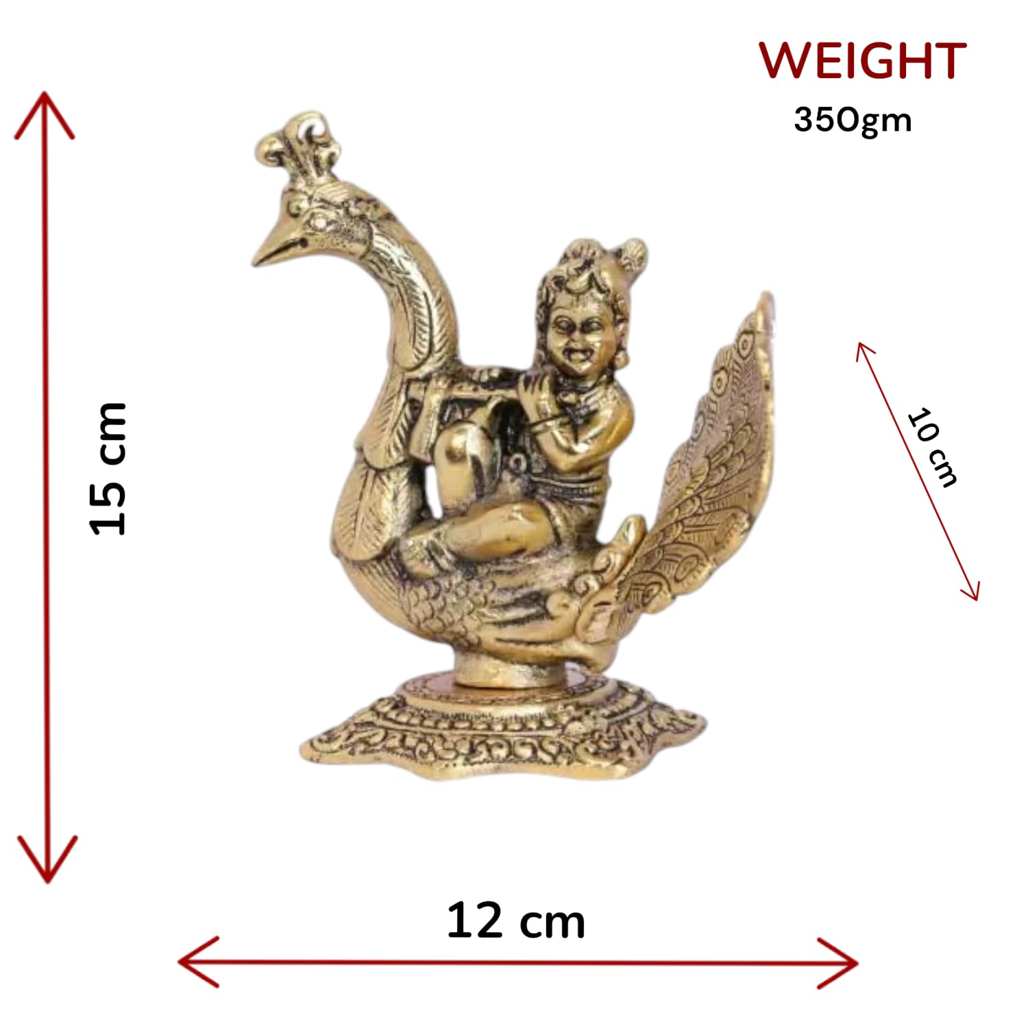 KridayKraft Lord Krishna Sitting on Peacock Metal Statue Krishna Idol Playing Flute Decorative Showpiece - 15 cm (Aluminium, Gold)
