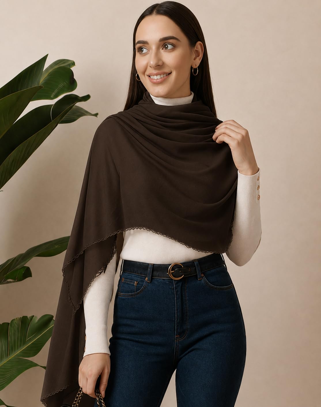 Ravaiyaa Women Solid Chiffon Scarves With Lace Border | Women Lightweight Breathable Solid Color Soft Chiffon Long Fashion Scarves Sun-proof Shawls Wrap (Brown)