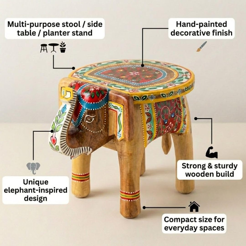 ATRANGI STUDIO Natural Colourful Handpainted Wooden Elephant Stool Cum Showpiece | Mango Wood Traditional Multipurpose Stool for Living Room Decor & Mandir | Perfect for Plant Stand | 8x8x10 inch