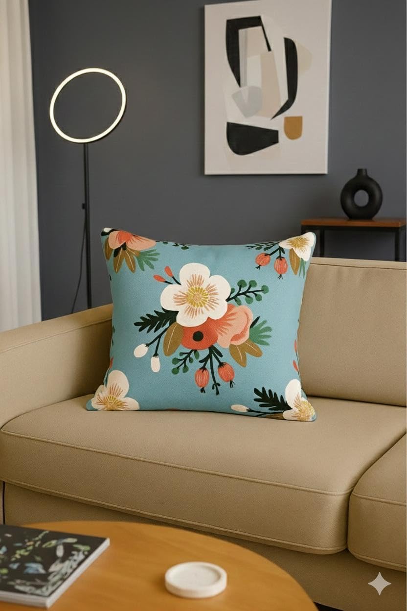 AMAZE ATTIRES Velvet Cushion Cover 18x18 Inch – Set of 5 Decorative Throw Pillow Covers for Sofa, Couch or Bed – Designer Printed Square Cushion Covers – Home Decor (Blue Floral)