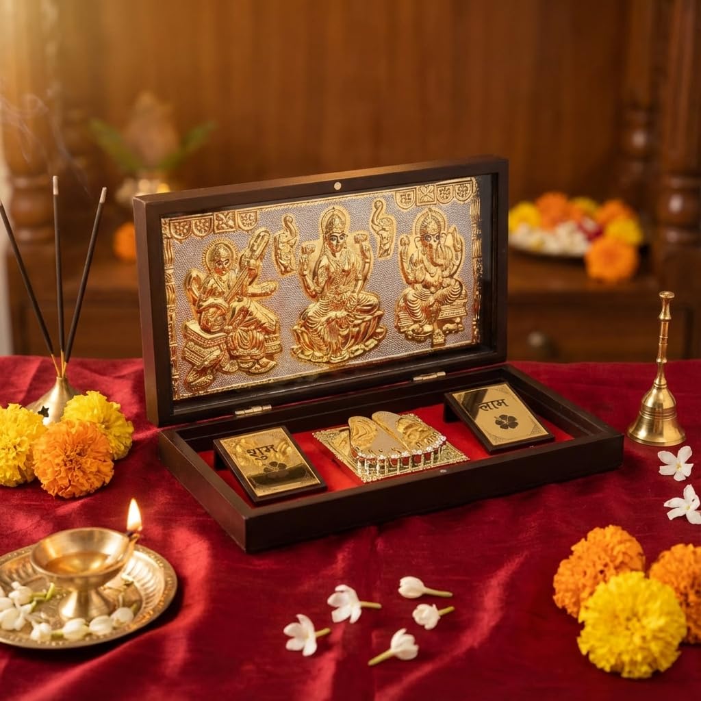 House Of Wemy Laxmi Ganesh Saraswati Pocket Temple for Pooja Room, Gifting for Wedding/Marriage | Gold Plated Photo Frame with & Charan Paduka - (Large) 8.4x4.5 Inch - Pack of 1