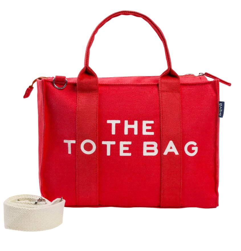 AQVA Printed Cotton Canvas Tote Bag with Detachable Sling Strap for Women | Large Capacity | Stylish Multipurpose Handbag with Zipper | Shoulder Bag for Laptop, Office & Travel (Red)
