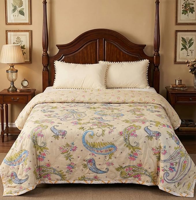 Lightweight AC Blanket for Single Bed Or Double Bed - Breathable Reversible Comforter for Summer Soft Microfiber All-Season Quilt for Mild Winter (Cream CLOLUR Printed Design, Double Bed) Kafalo