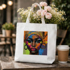 Adorvue Abstract Portrait African Art Printed Tote Bag Stylish Eco-Friendly Cotton Handbags, Canvas Bags for College, Shopping, Office, Travel, Grocery Runs, Beach Day and Casual Outings Pack of 1