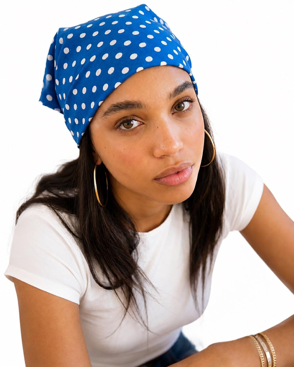Grey Exim Blue Polka Dot Bandana for Women, Polyester Head Scarf, Stole for Ladies, 50x50 CM, Trendy Neck Scarf