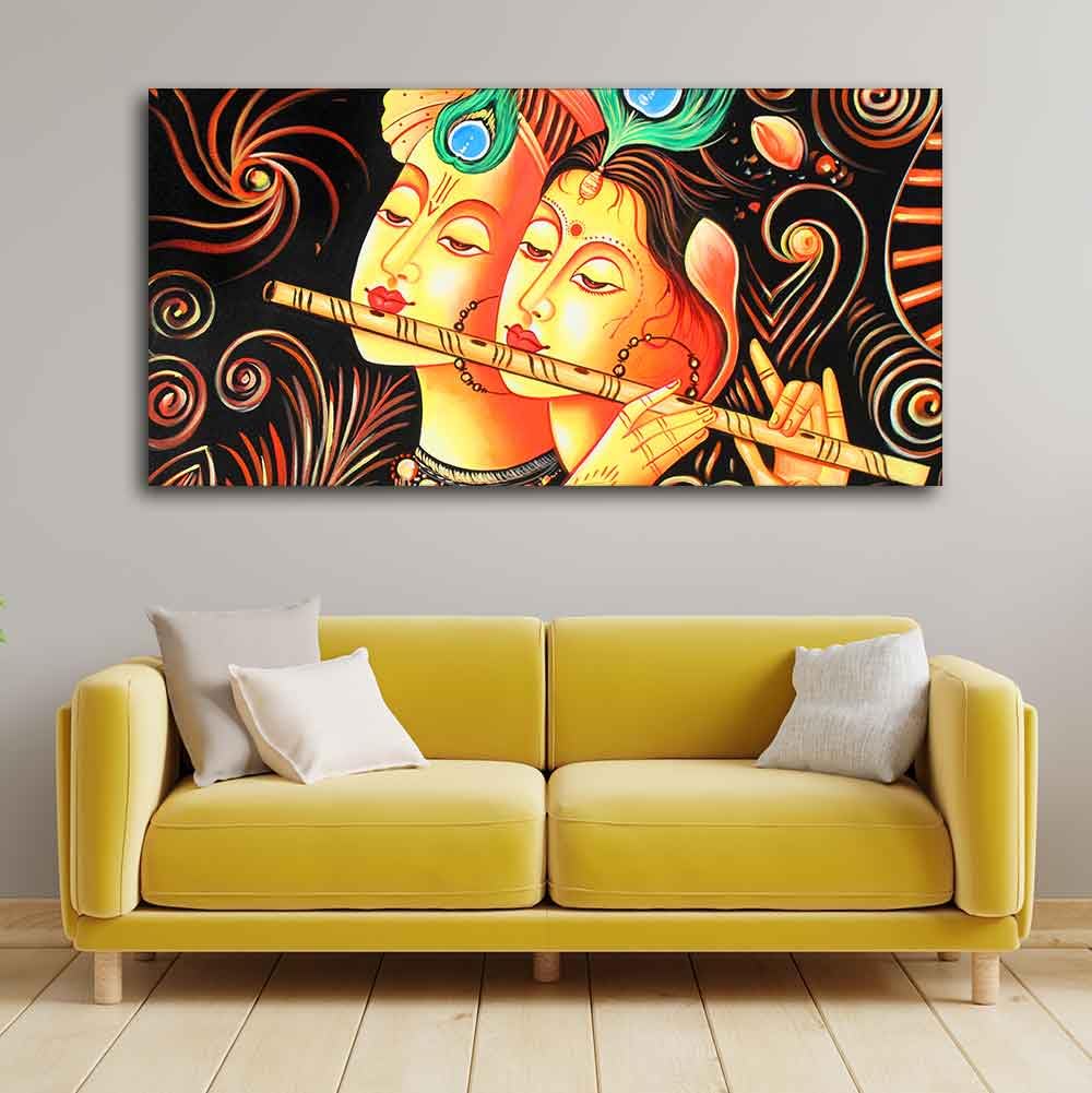VIBECRAFTS Canvas Paintings for Living Room Drawing Room Radha Krishna with Flute Canvas Big Wall Painting Wall Art Fitted with Wooden Frame for Home|Office|Gift(PTVCH_2241N)