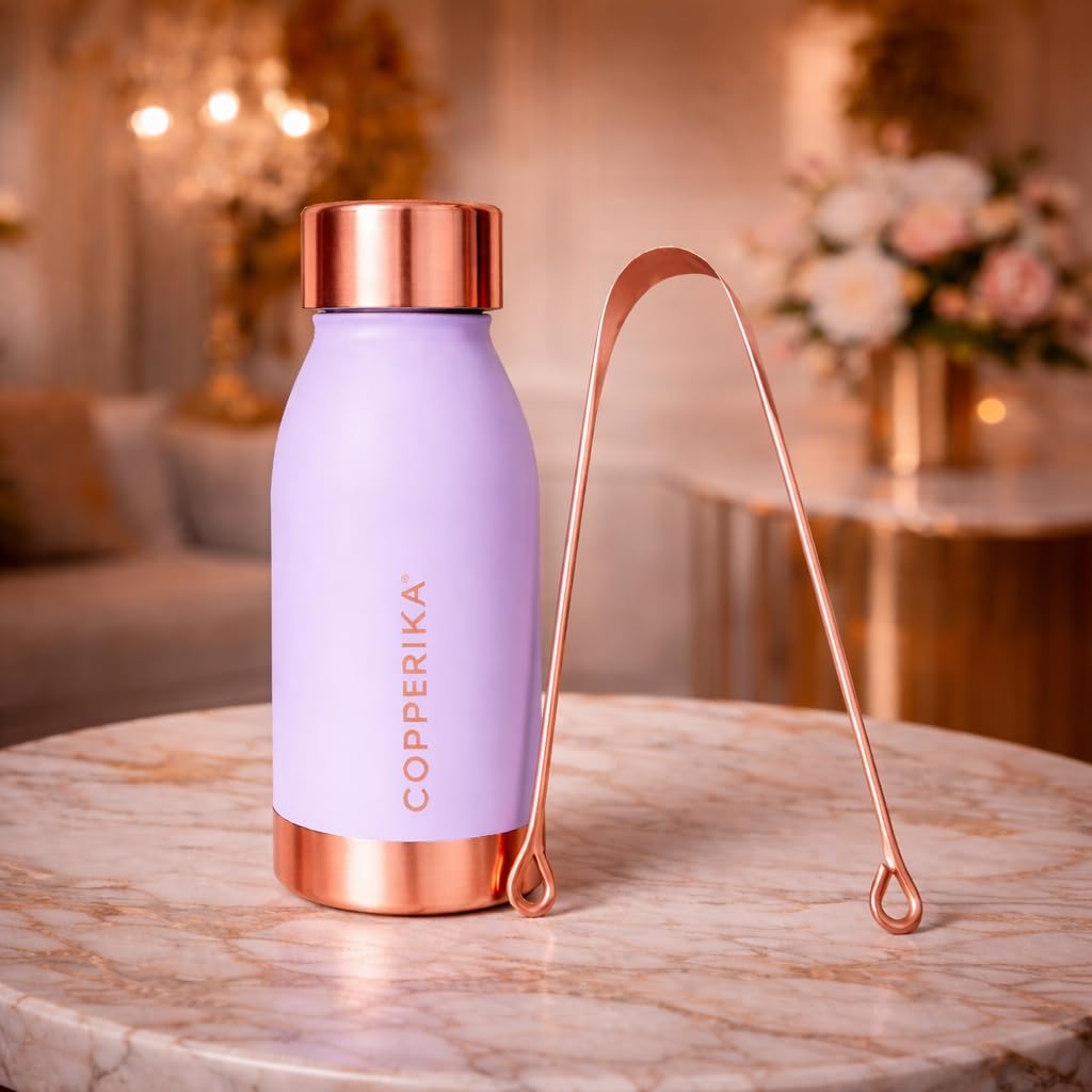 Copperika® Printed 100% Pure Copper Water Bottle 500ml + COPPER TONGUE CLEANER FREE Original Heavy Build | Gift Item | Marriage | Return Gift Item For Home, Office, Kids & Etc