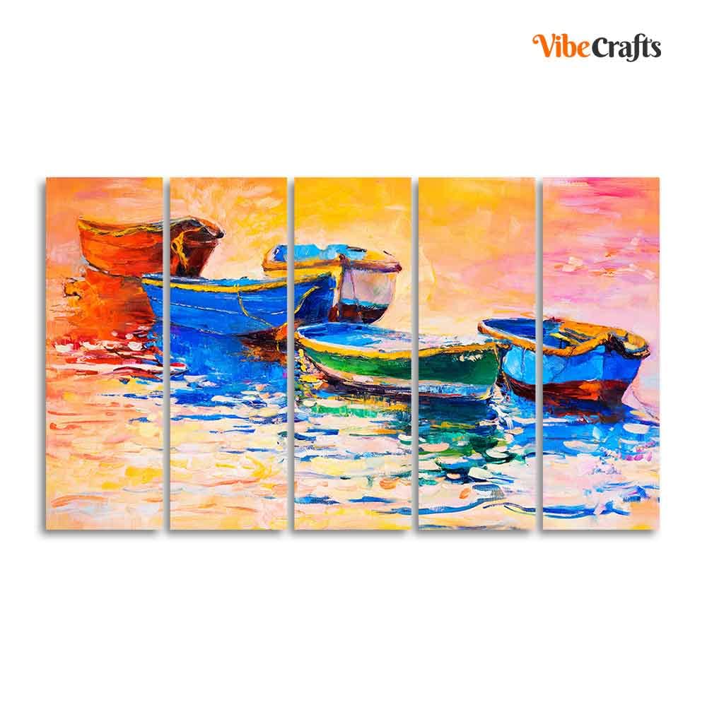 VIBECRAFTS Boats And Sunset 5 Pieces Canvas Wall Painting For Home | Office | Living Room | Gift (PTVC5Pcs4_8519)