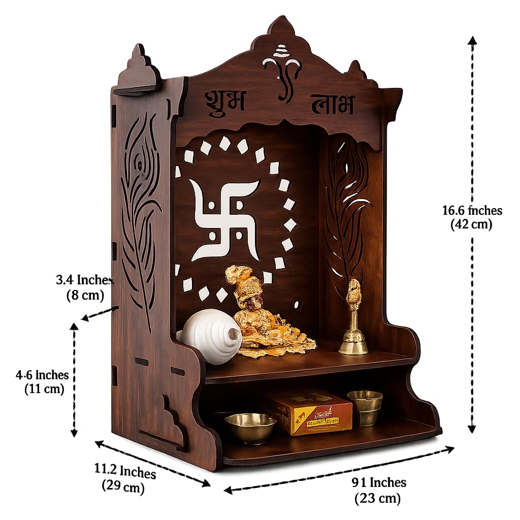 Wooden Pooja Mandir for Home, Pine Wood Temple, Decorative Hindu Mandir with Storage Shelf for Puja Room & Living Room Decor