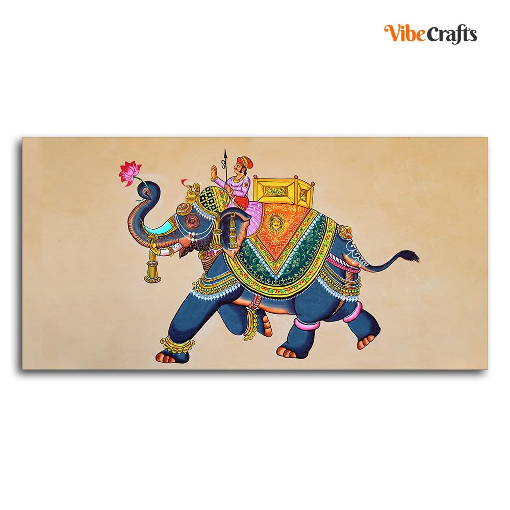 VIBECRAFTS Madhubani Art Elephant Premium Canvas Wall Painting With Frame for Living Room Drawing Room Home|Office|Gift (PTVCH_2212N)