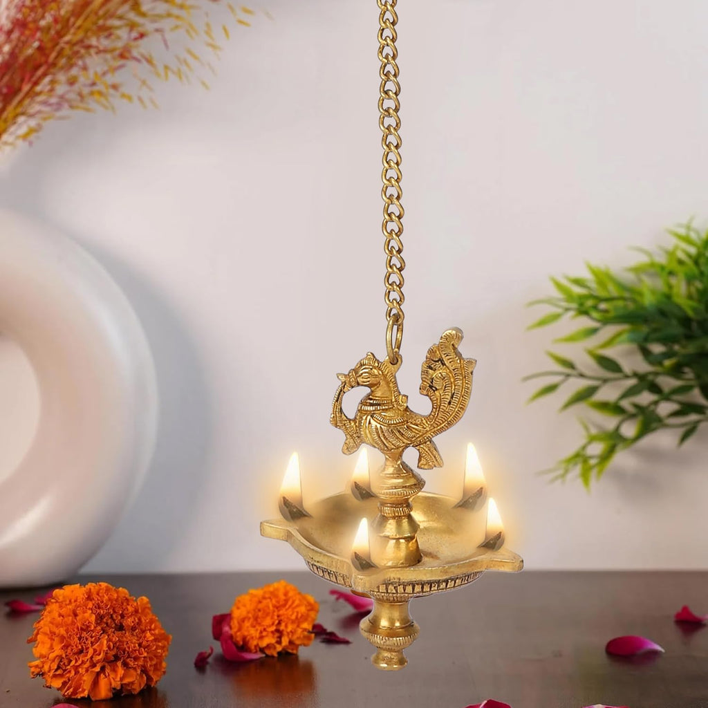 Artvarko Brass Traditional Peacock 5 Wick Peacock Bird Design Diya with Hanging Chain Length 16 Inch