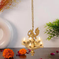 Artvarko Brass Traditional Peacock 5 Wick Peacock Bird Design Diya with Hanging Chain Length 16 Inch