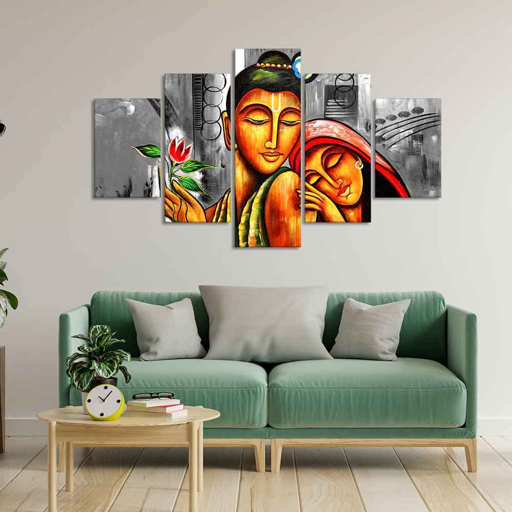 VIBECRAFTS Shree Radha Krishna Canvas Wall Painting Set of Five Pieces For Home|Office|Living Room|Gift (PTVC5Pcs1_5539)