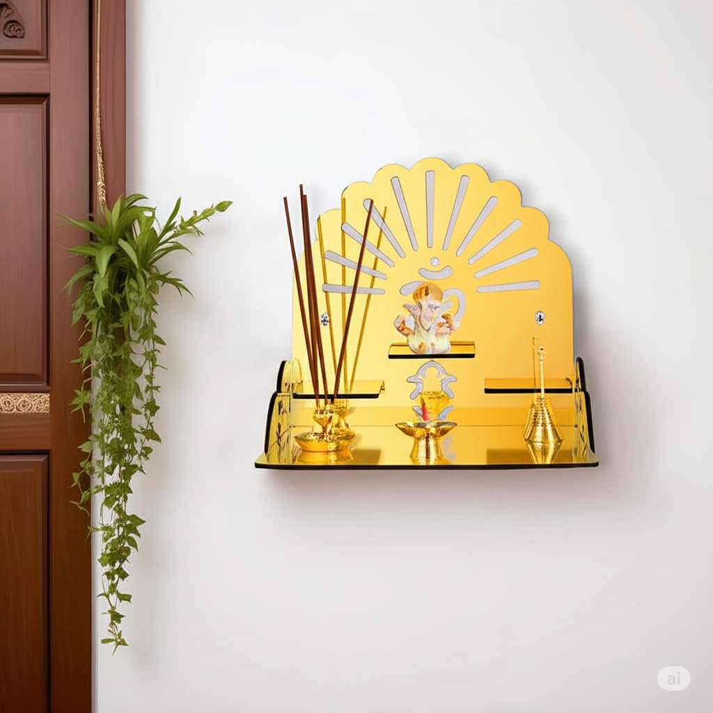 Fliptic Acrylic Wooden Gold Temple with Om Symbol DIY|Wall-Mounted Pooja Mandir,Shining Finish for Home,Office,Shop|Wall Mounted Medium Size Wooden Temple|Gold Colour|Do It Yourself,25 cm,25.5 cm