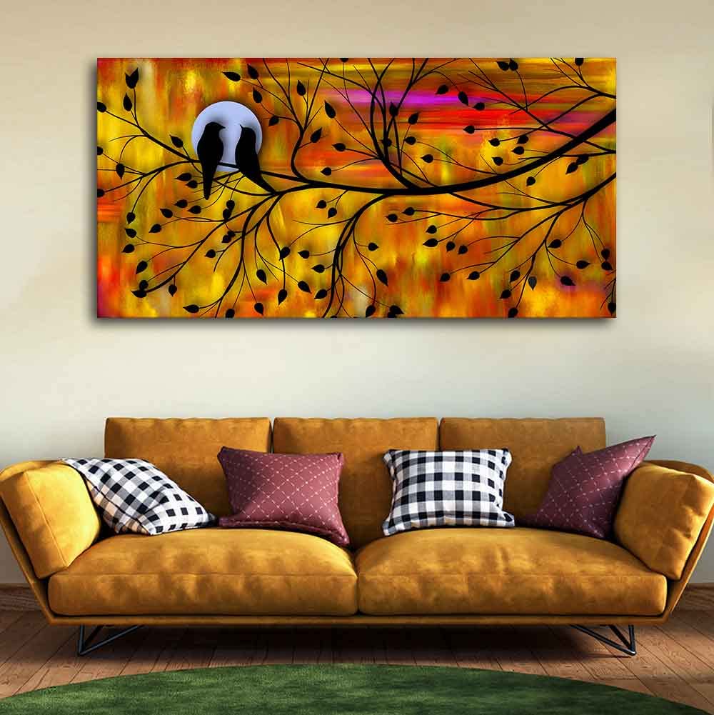 VIBECRAFTS Canvas Paintings for Living Room Drawing Room Bird Couple On Tree Canvas Wall Painting Fitted With Wooden Frame For Home | Office | Living Room | Gift (PTVCH_2474)