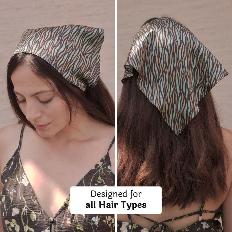 Hair Drama Co. Zebra Print Elastic Bandana Head Scarf for Women - Green | Silk Satin Head Wrap Bandana Scarves | Boho Style Statement All Day Wear Headband Scarves | Hair Scarf Accessories