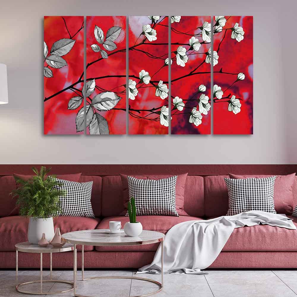 VIBECRAFTS Premium Canvas Abstract Art Painting of White Flowers Set of Five For Home|Office|Living Room|Gift (PTVC5Pcs4_8651)