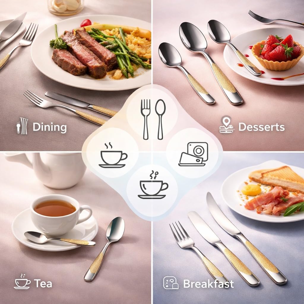 ANH MART Mirror Finish Gold Plated Stainless Steel Flatware Set - Copper Silverware Rose Gold Cutlery [Dinner Fork, Tea Spoon, Salad Spoon, Knife] (Golden DOT, 4)