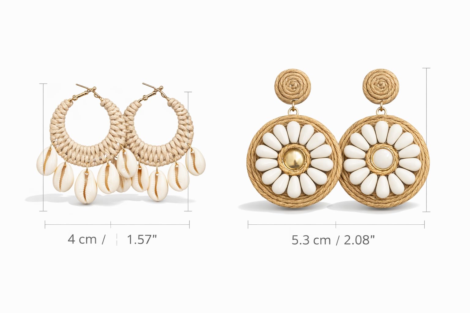 TR HAUTE Handmade Boho Cowrie Shell Earrings combo set of 2 for women and girl, Natural White and Jute, Macrame Woven Design, Beach Style Statement Jewelry, trandy, trending, bohemian Korean earring.