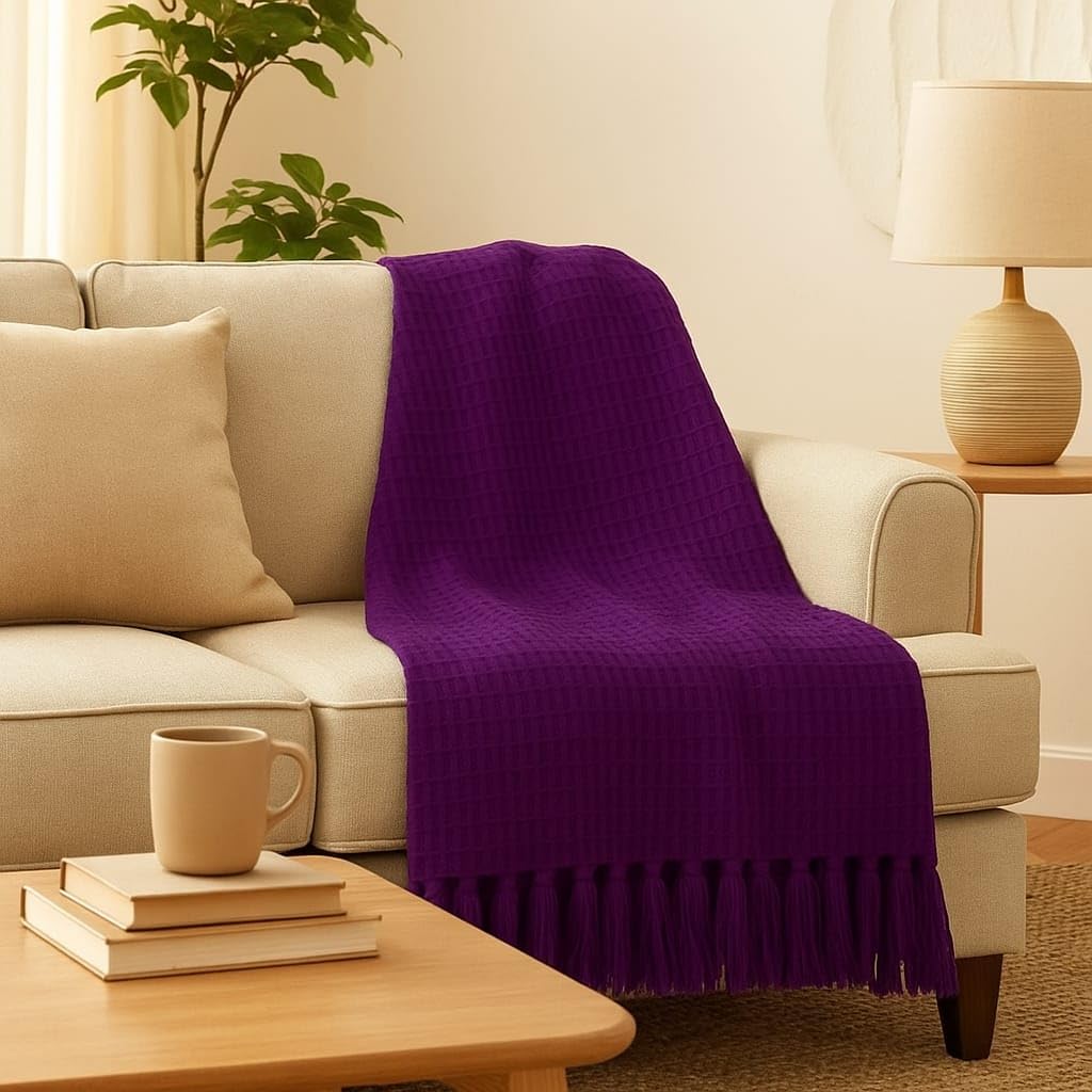 Wisdom Decor Waffle Knit Throw Blanket with Tassels for Sofa & Bed for All Seasons – Lightweight Decorative Cozy Blanket for Living Room & Bedroom (127x152 cm) (Wine) Kafalo