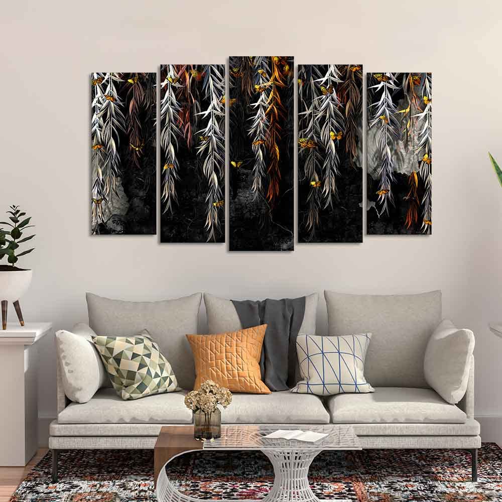 VIBECRAFTS Willow Branches with Gold Butterflies Wall Painting Set of Five Pieces For Home|Office|Living Room|Gift (PTVC5Pcs2_6602)