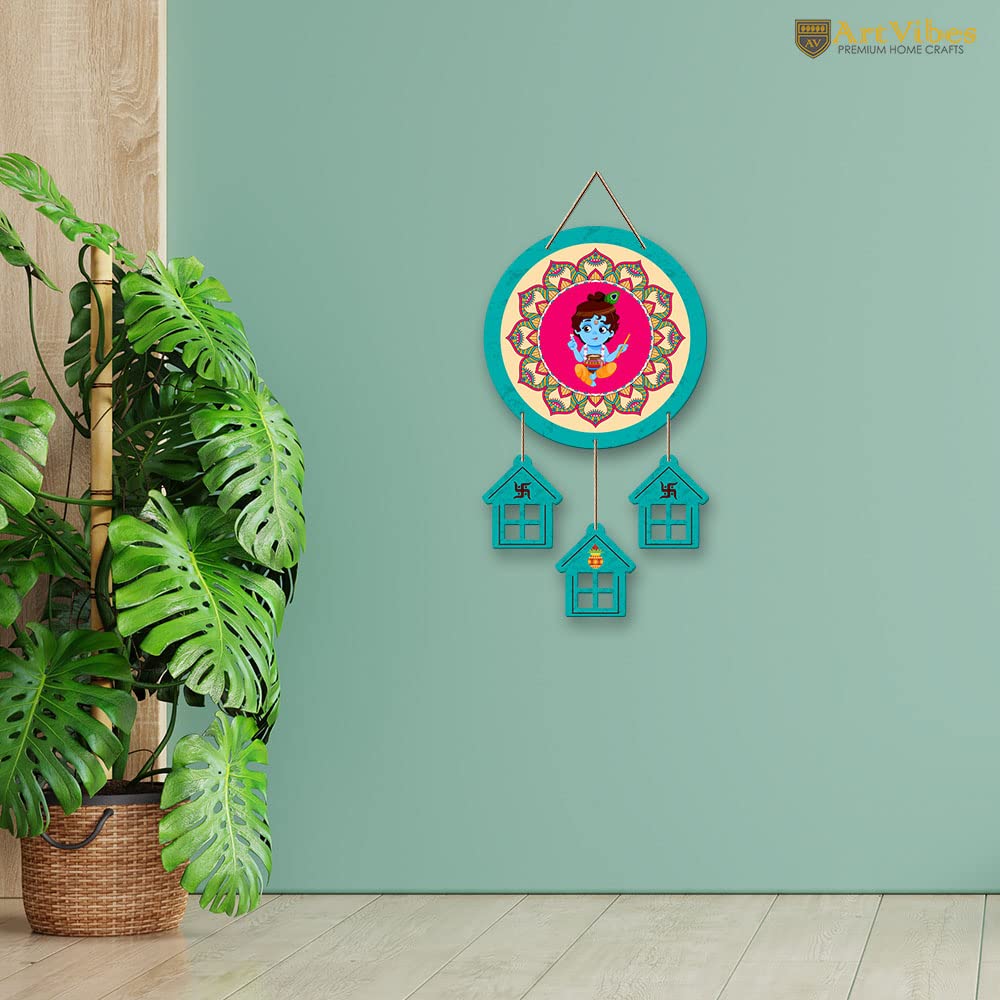 Artvibes Lord Krishna Round Shape MDF Wooden Wall Decor Items | Properity | Spiritual Decor Items | Religious Wall Art | Wall Poster | Artwork| Stylish Modern Decor Item | Gift Items (WH_7210N)