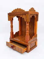 Handcrafted Wooden Mandir for Home & Office – Traditional Teak Finish Pooja Temple with Storage Drawer – Wall Mountable or Tabletop Devotional Shrine – Size: 45H x 32W x 22D cm.