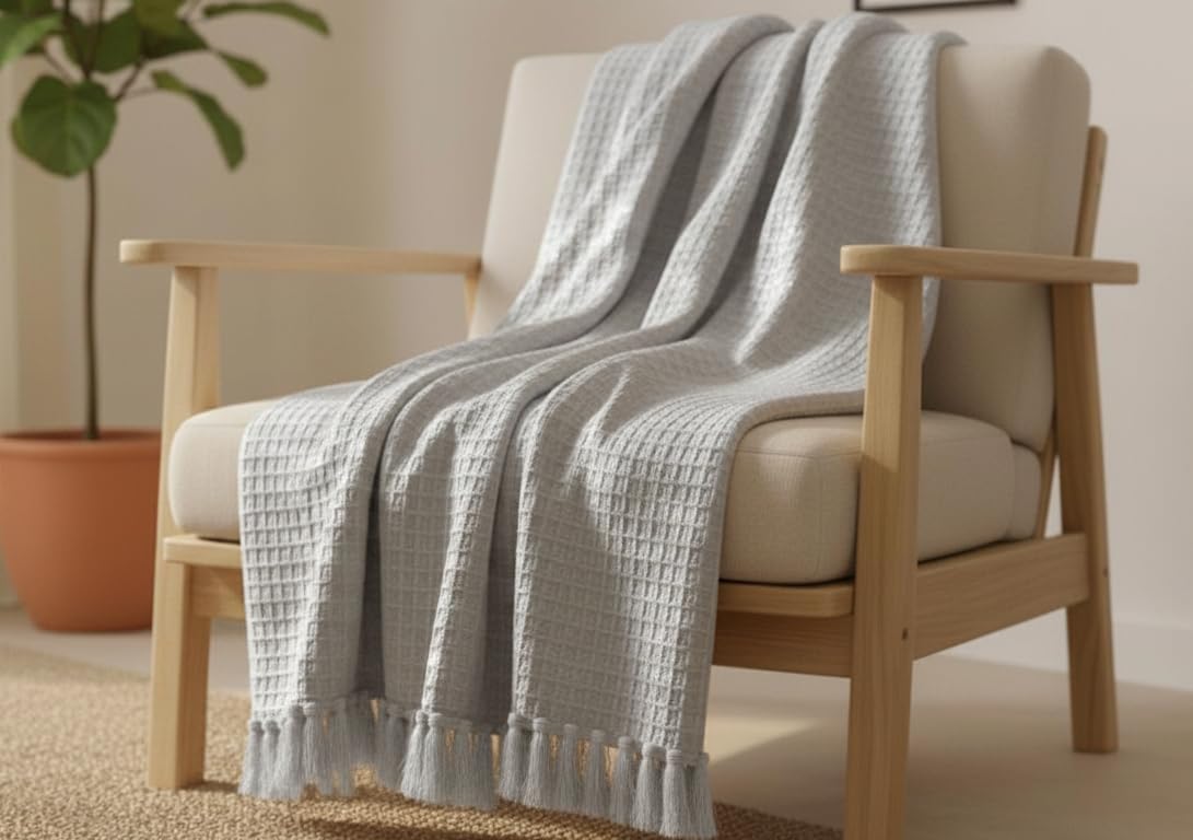 Wisdom Decor Waffle Knit Throw Blanket with Tassels for Sofa & Bed for All Seasons – Lightweight Decorative Cozy Blanket for Living Room & Bedroom (127x152 cm) (Silver) Kafalo