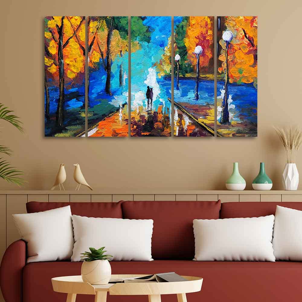 VIBECRAFTS Couple Walking in City Park Canvas Wall Painting of 5 Pieces For Home|Office|Living Room|Gift (PTVC5Pcs4_8612)