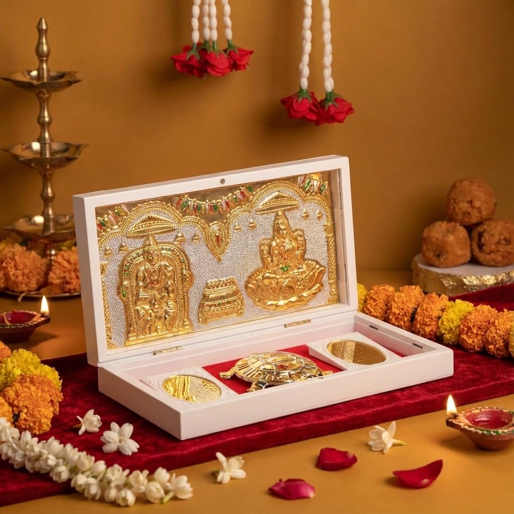 House Of Wemy Laxmi Kuber Pocket Temple for Pooja Room, Gifting for Wedding & Housewarming Ceremony I Gold Plated Photo Frame with Charan Paduka & Turtle for Good Luck - (8.4x4.5Inch) - Pack of 1