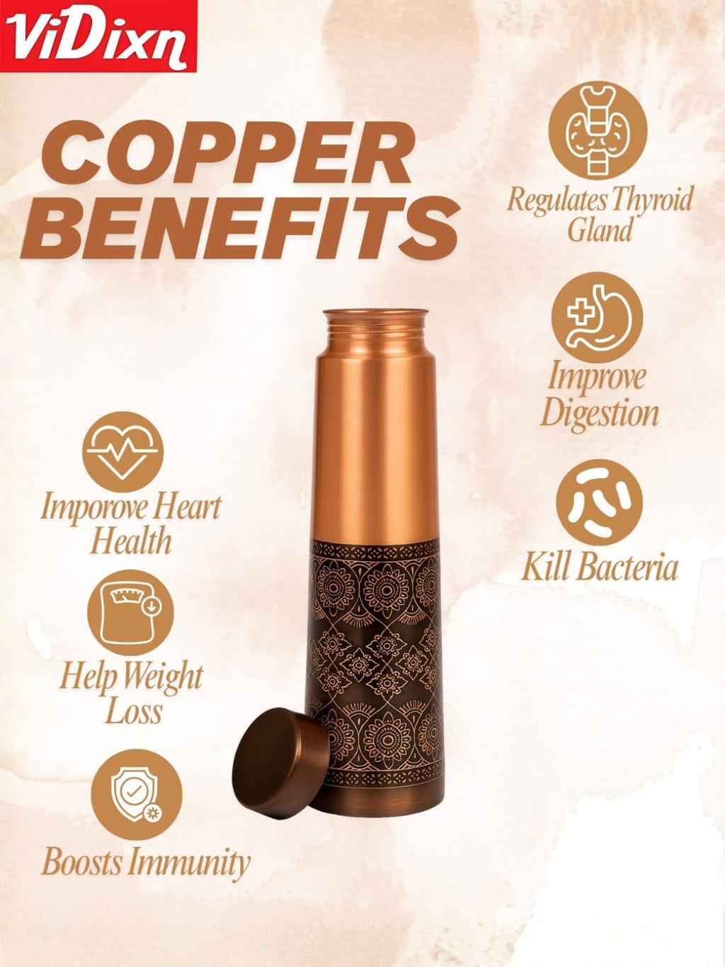 viDixn 100% Pure Copper Water Bottle 950ml – Ayurvedic Leak-Proof Copper Bottle for Drinking Water – Handcrafted Mandala Design – BPA-Free & Eco-Friendly – Improves Immunity & Digestion