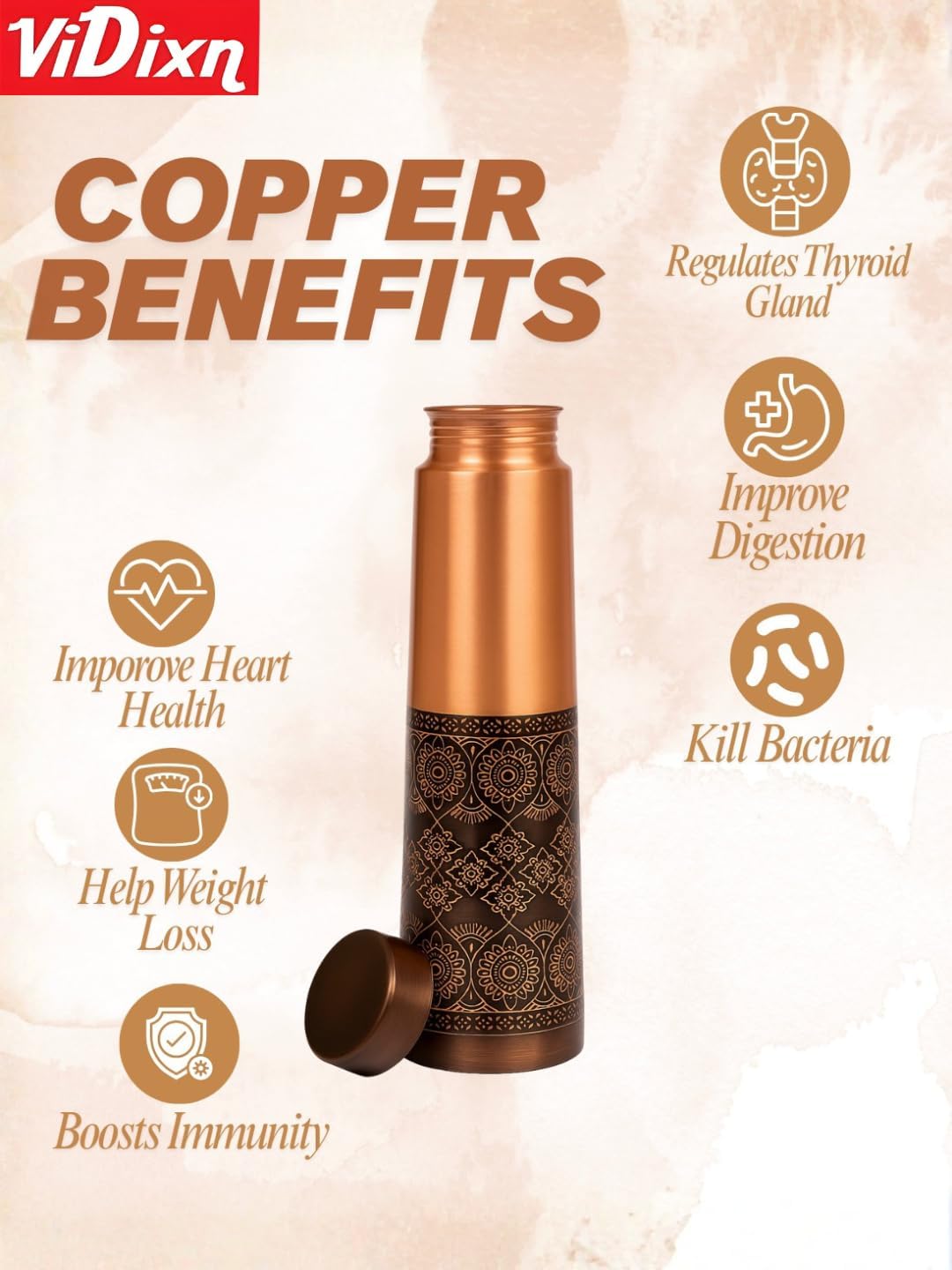 viDixn 100% Pure Copper Water Bottle 950ml – Ayurvedic Leak-Proof Copper Bottle for Drinking Water – Handcrafted Mandala Design – BPA-Free & Eco-Friendly – Improves Immunity & Digestion