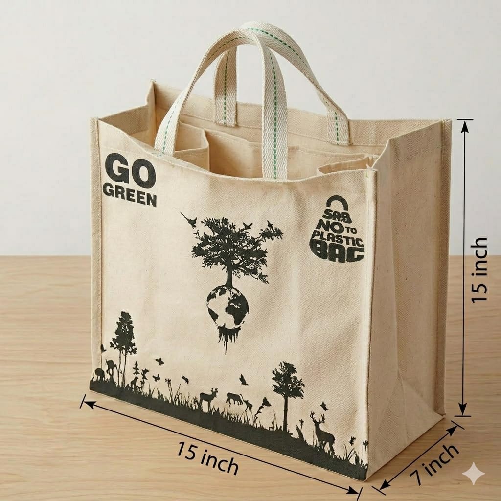 Cotton Canvas Shopping Bag with Pockets for Vegetables and Grocery (LxHxW :15 x15 x 7 Inch, Medium Size)