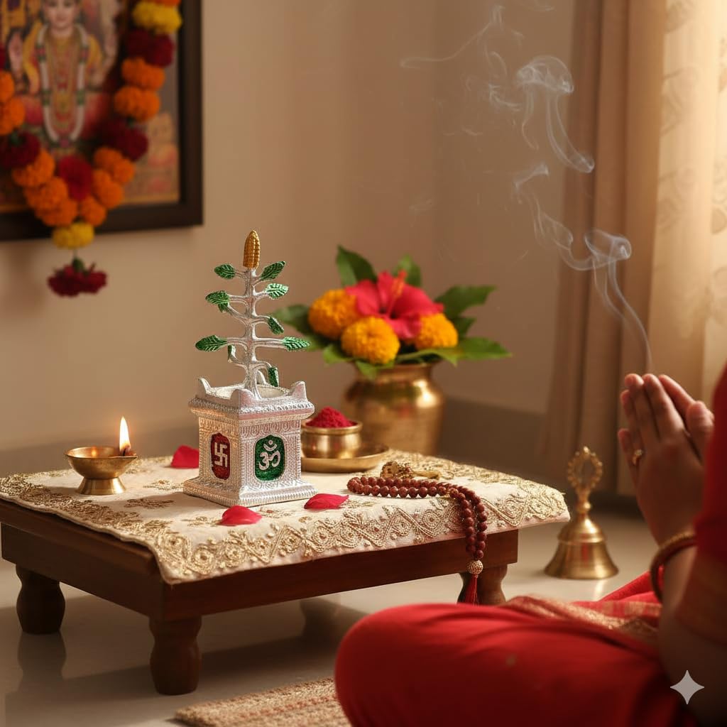 KridayKraft Spiritual Graceful Tulsi Plant Artifical Decorative Showpiece Figurine for Pooja Room, Home Temple, Office & Gifting Accent for Pooja Room, Symbol of Positivity & for Gifting (Silver)
