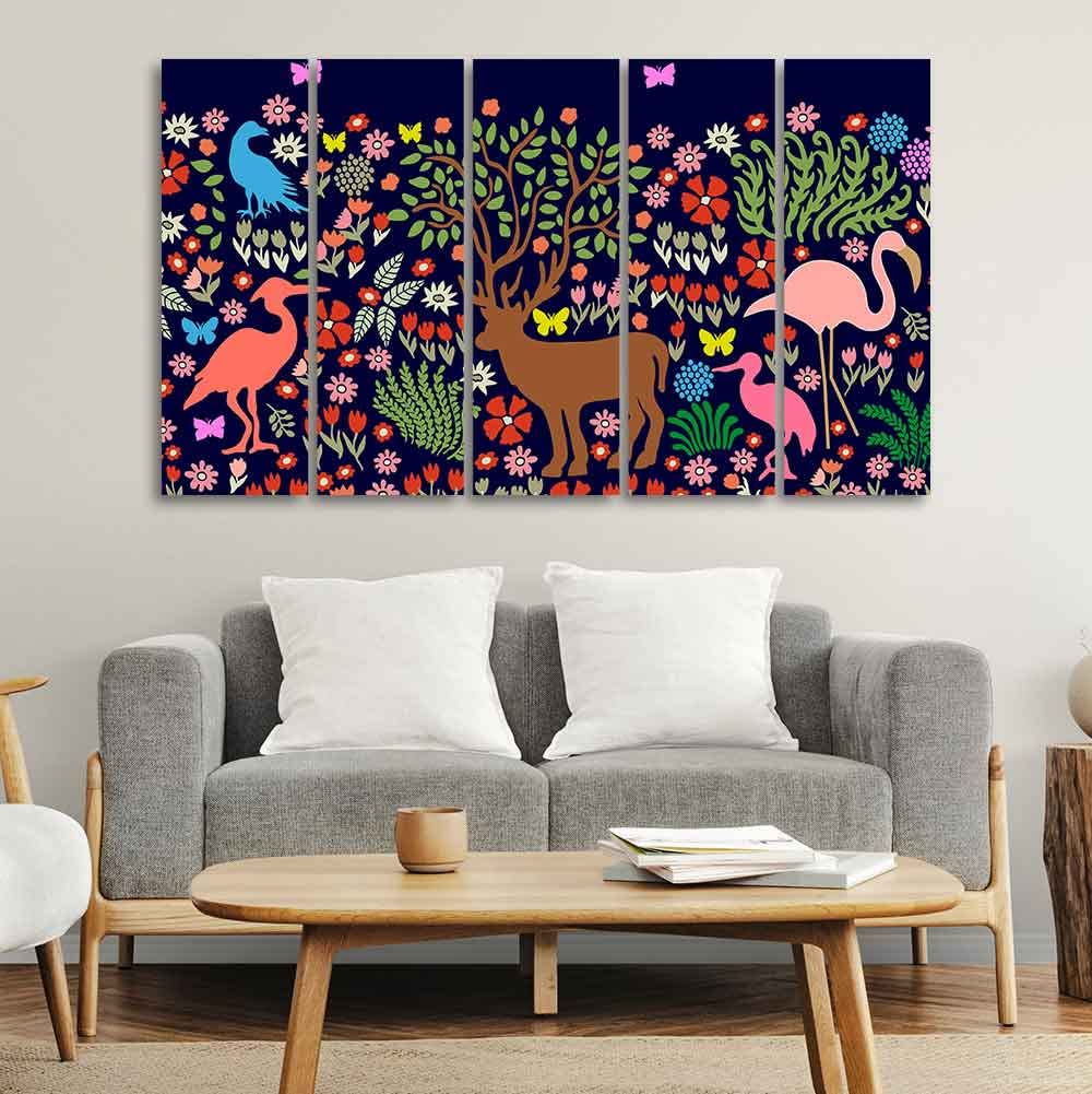 VIBECRAFTS Premium Canvas Folk Art Painting of Animals in Dark Forest Set of Five For Home|Office|Living Room|Gift (PTVC5Pcs4_8639)