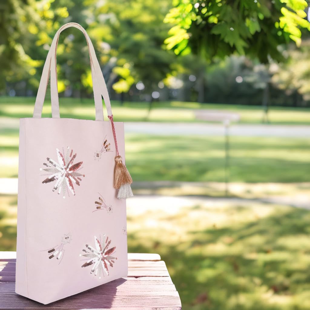 MASQ By Q-One Handcrafted Canvas Sparkle N Shine Embroidered Tote Bags For Women's, College Bag For Girls With Inner Zip Pocket, 100% Organic Cotton Tote Bag For Traveling & Daily Use - Utility