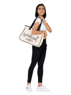 AQVA Cotton Tote Bag for Women & College Girls | Black and white Handbag with Weekend Vibes print | Trendy Western Style Handbag for Women with Zip | Canvas Bag for Shopping, Travel and Office.(Vibes)